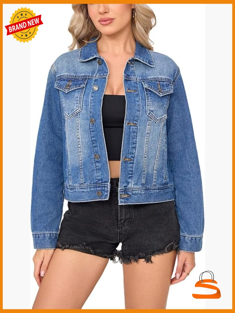 Women's Classic Vintage Denim Trucker Jacket Long Sleeve Button Front